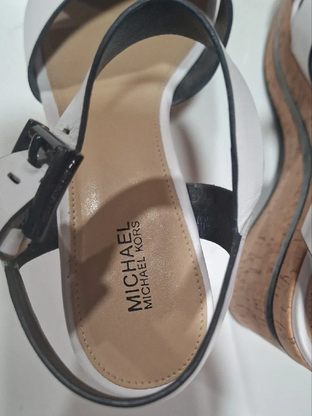 Michael Kors White and Black Leather Cross-Strap Wedge  Sandal - Women's
